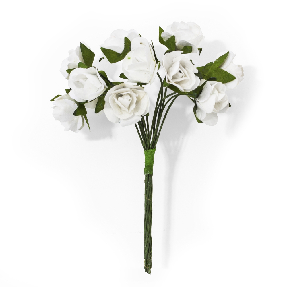 Papírové květiny na drátku Růže bílá, 12ks